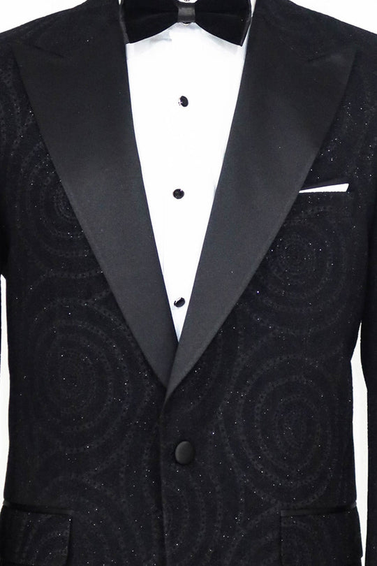 Men’s Midnight Black Hypnotic Spiral Jacquard Slim Fit Peak Lapel Dinner Jacket