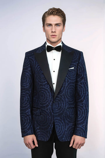 Men’s Midnight Navy Hypnotic Spiral Jacquard Slim Fit Peak Lapel Dinner Jacket