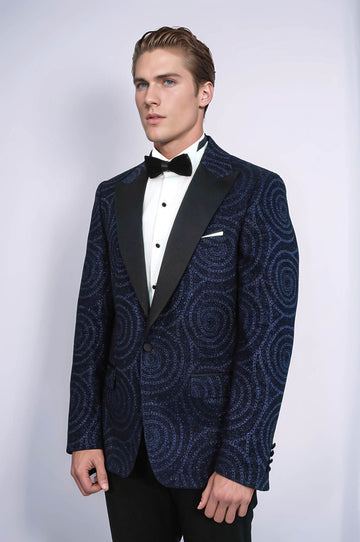 Men’s Midnight Navy Hypnotic Spiral Jacquard Slim Fit Peak Lapel Dinner Jacket