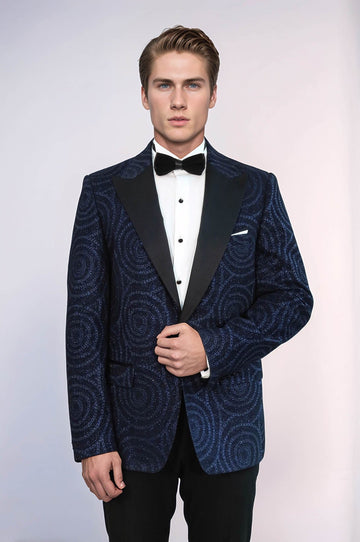 Men’s Midnight Navy Hypnotic Spiral Jacquard Slim Fit Peak Lapel Dinner Jacket
