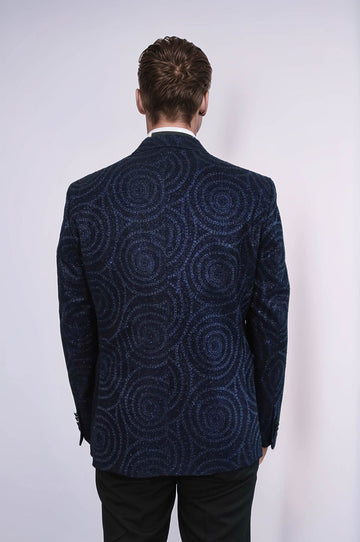Men’s Midnight Navy Hypnotic Spiral Jacquard Slim Fit Peak Lapel Dinner Jacket