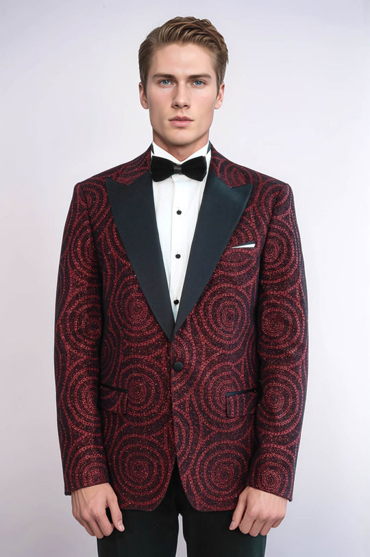 Men’s Burgundy Hypnotic Spiral Jacquard Slim Fit Peak Lapel Dinner Jacket