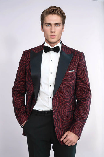 Men’s Burgundy Hypnotic Spiral Jacquard Slim Fit Peak Lapel Dinner Jacket
