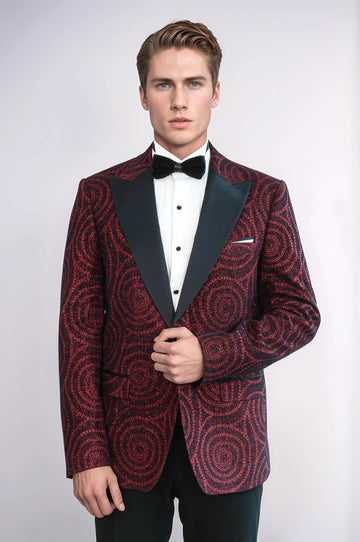 Men’s Burgundy Hypnotic Spiral Jacquard Slim Fit Peak Lapel Dinner Jacket