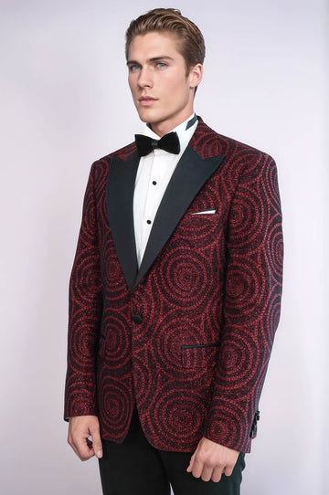 Men’s Burgundy Hypnotic Spiral Jacquard Slim Fit Peak Lapel Dinner Jacket