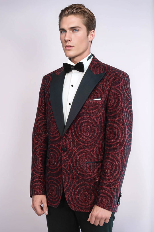 Men’s Burgundy Hypnotic Spiral Jacquard Slim Fit Peak Lapel Dinner Jacket