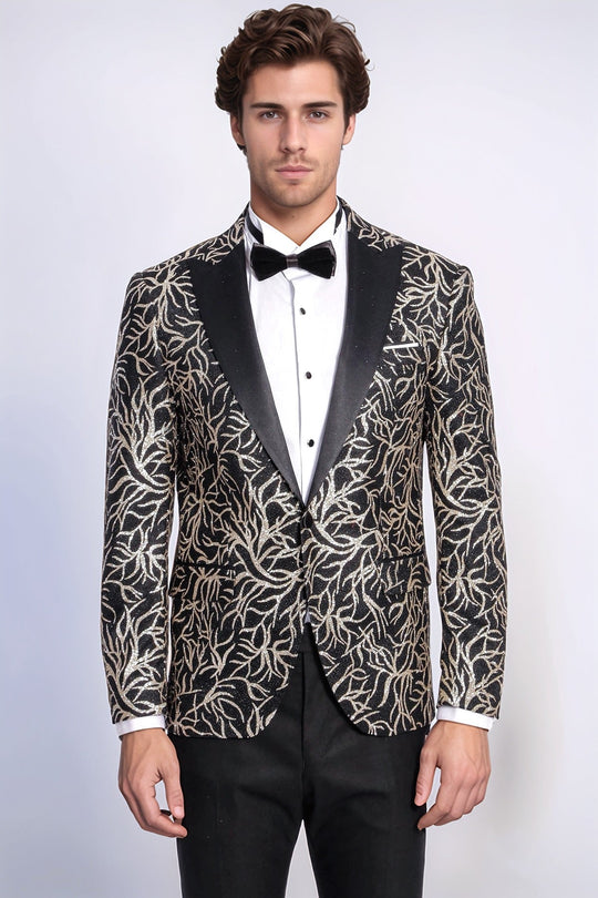 Men’s Midnight Black & Silver Sparkling Ivy Patterned Dinner Jacket – Slim Fit with Satin Peak Lapels