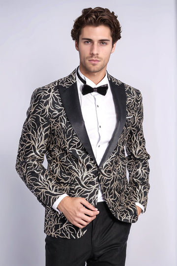 Men’s Midnight Black & Silver Sparkling Ivy Patterned Dinner Jacket – Slim Fit with Satin Peak Lapels