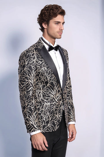 Men’s Midnight Black & Silver Sparkling Ivy Patterned Dinner Jacket – Slim Fit with Satin Peak Lapels