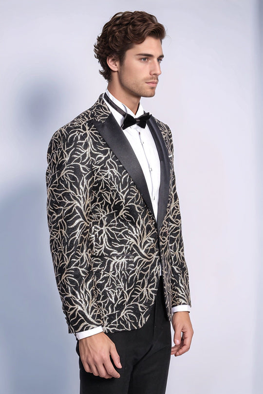 Men’s Midnight Black & Silver Sparkling Ivy Patterned Dinner Jacket – Slim Fit with Satin Peak Lapels
