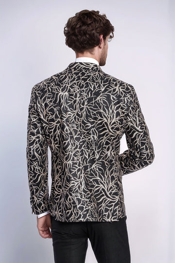 Men’s Midnight Black & Silver Sparkling Ivy Patterned Dinner Jacket – Slim Fit with Satin Peak Lapels