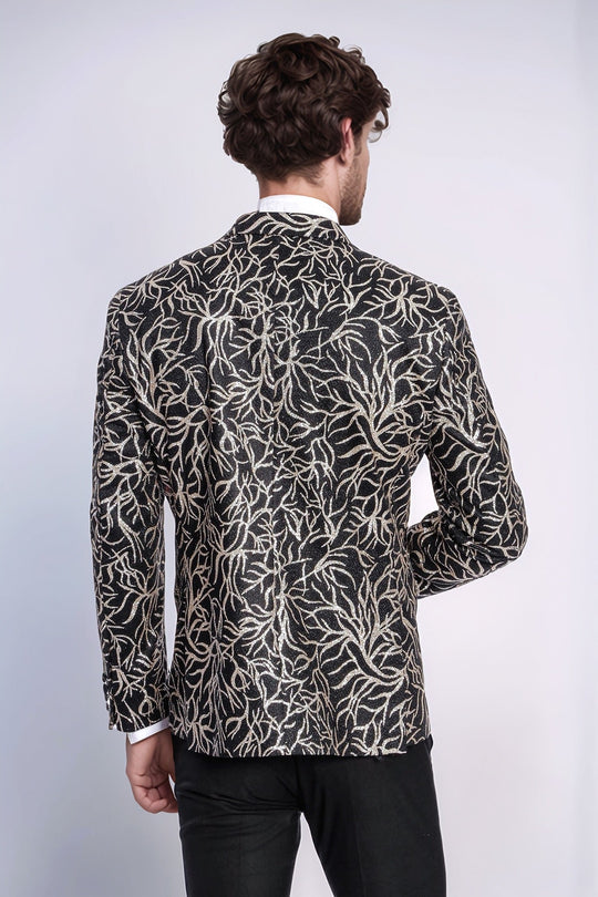 Men’s Midnight Black & Silver Sparkling Ivy Patterned Dinner Jacket – Slim Fit with Satin Peak Lapels