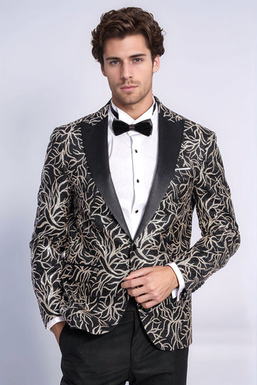 Men’s Midnight Black & Silver Sparkling Ivy Patterned Dinner Jacket – Slim Fit with Satin Peak Lapels