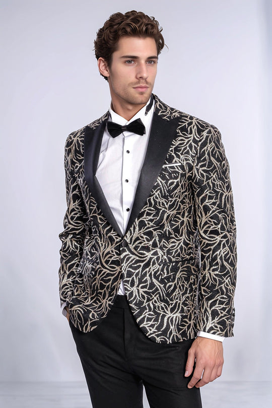 Men’s Midnight Black & Silver Sparkling Ivy Patterned Dinner Jacket – Slim Fit with Satin Peak Lapels
