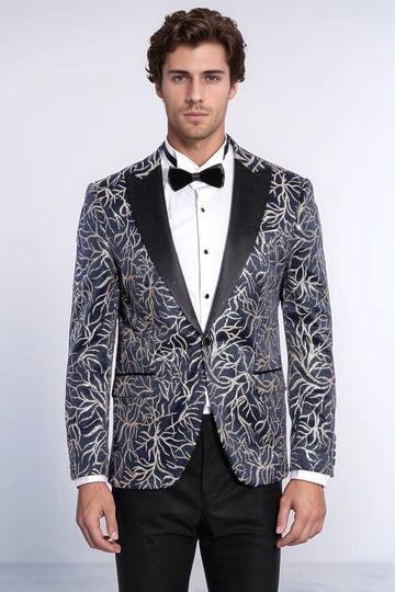 Men’s Midnight Navy & Silver Sparkling Ivy Patterned Dinner Jacket – Slim Fit with Satin Peak Lapels