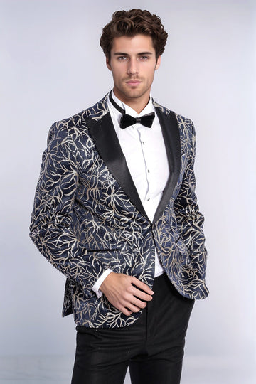 Men’s Midnight Navy & Silver Sparkling Ivy Patterned Dinner Jacket – Slim Fit with Satin Peak Lapels