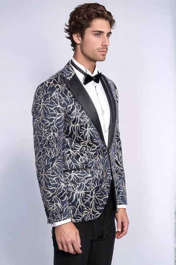 Men’s Midnight Navy & Silver Sparkling Ivy Patterned Dinner Jacket – Slim Fit with Satin Peak Lapels