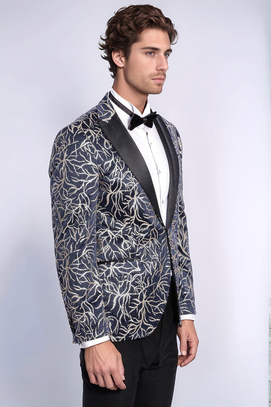 Men’s Midnight Navy & Silver Sparkling Ivy Patterned Dinner Jacket – Slim Fit with Satin Peak Lapels
