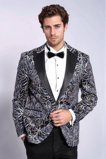 Men’s Midnight Navy & Silver Sparkling Ivy Patterned Dinner Jacket – Slim Fit with Satin Peak Lapels