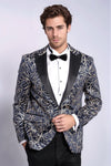 Men’s Midnight Navy & Silver Sparkling Ivy Patterned Dinner Jacket – Slim Fit with Satin Peak Lapels