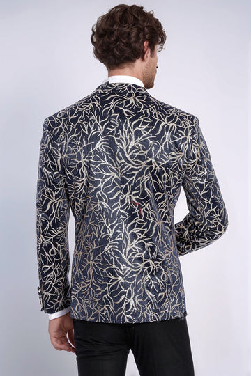 Men’s Midnight Navy & Silver Sparkling Ivy Patterned Dinner Jacket – Slim Fit with Satin Peak Lapels