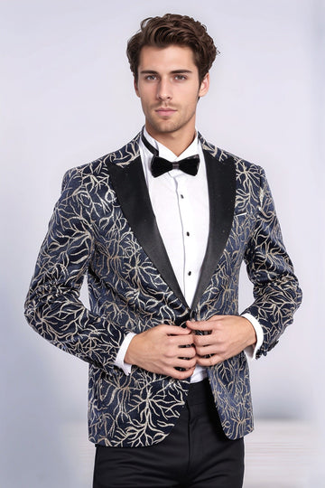 Men’s Midnight Navy & Silver Sparkling Ivy Patterned Dinner Jacket – Slim Fit with Satin Peak Lapels