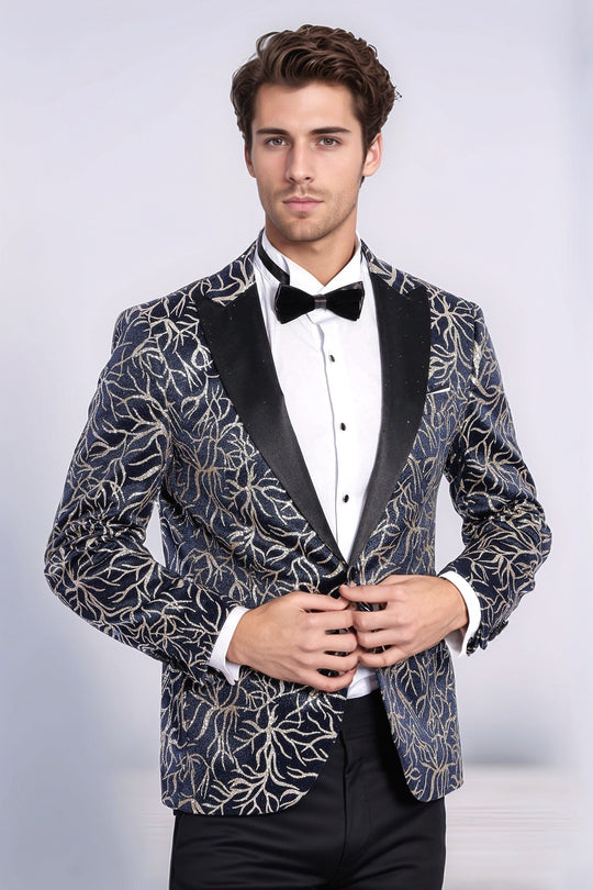Men’s Midnight Navy & Silver Sparkling Ivy Patterned Dinner Jacket – Slim Fit with Satin Peak Lapels
