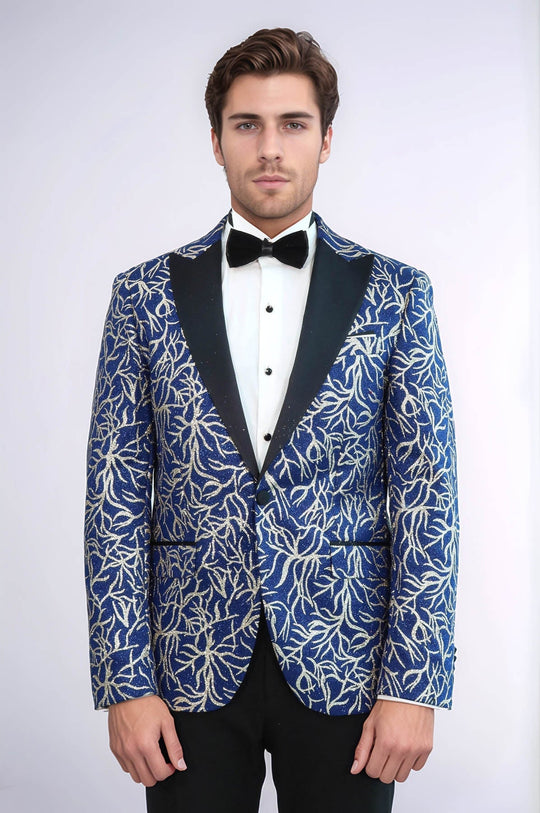 Men’s Sax Blue & Silver Sparkling Ivy Patterned Dinner Jacket – Slim Fit with Satin Peak Lapels