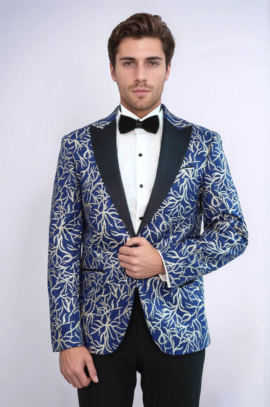 Men’s Sax Blue & Silver Sparkling Ivy Patterned Dinner Jacket – Slim Fit with Satin Peak Lapels