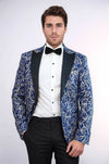 Men’s Sax Blue & Silver Sparkling Ivy Patterned Dinner Jacket – Slim Fit with Satin Peak Lapels