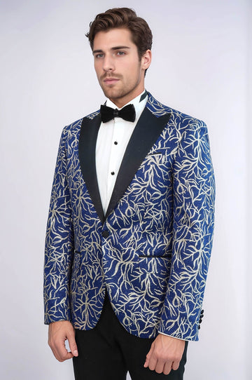 Men’s Sax Blue & Silver Sparkling Ivy Patterned Dinner Jacket – Slim Fit with Satin Peak Lapels