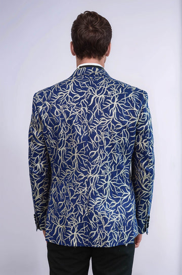 Men’s Sax Blue & Silver Sparkling Ivy Patterned Dinner Jacket – Slim Fit with Satin Peak Lapels