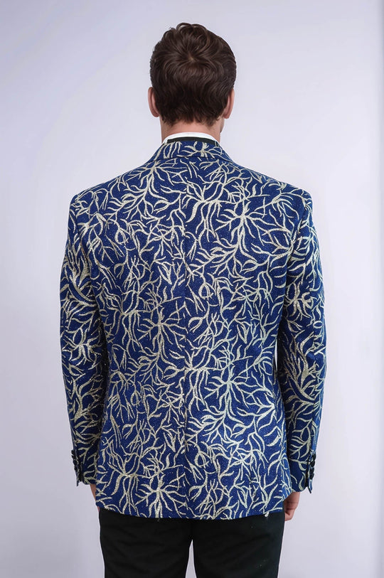 Men’s Sax Blue & Silver Sparkling Ivy Patterned Dinner Jacket – Slim Fit with Satin Peak Lapels