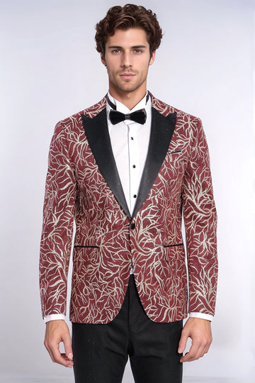 Men’s Crimson Burgundy & Silver Sparkling Ivy Dinner Jacket – Slim Fit with Satin Peak Lapels
