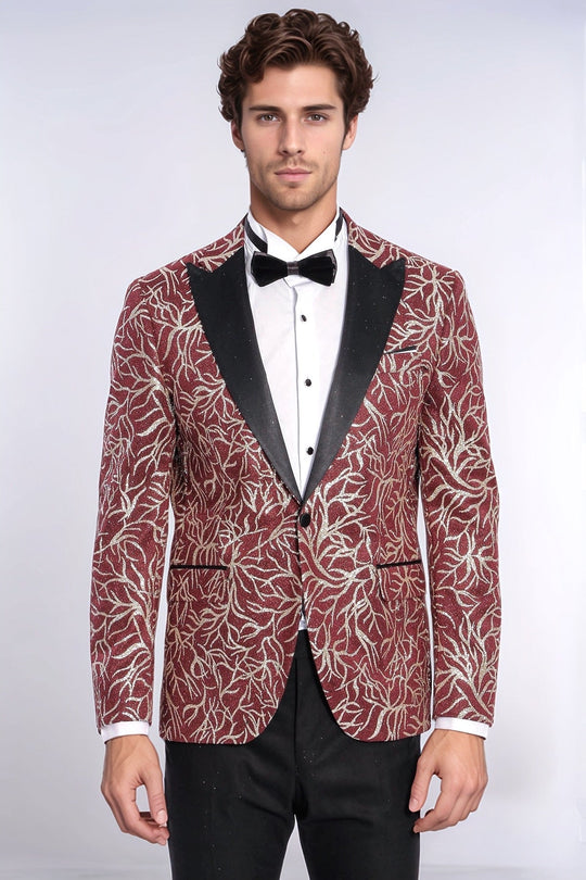 Men’s Crimson Burgundy & Silver Sparkling Ivy Dinner Jacket – Slim Fit with Satin Peak Lapels