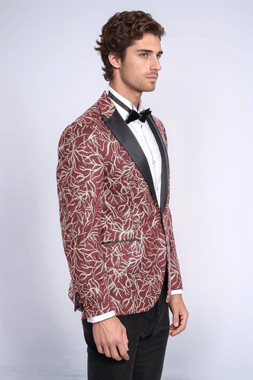 Men’s Crimson Burgundy & Silver Sparkling Ivy Dinner Jacket – Slim Fit with Satin Peak Lapels
