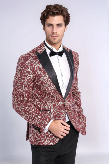 Men’s Crimson Burgundy & Silver Sparkling Ivy Dinner Jacket – Slim Fit with Satin Peak Lapels