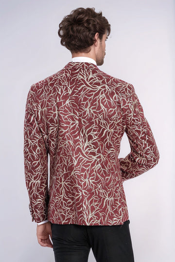 Men’s Crimson Burgundy & Silver Sparkling Ivy Dinner Jacket – Slim Fit with Satin Peak Lapels