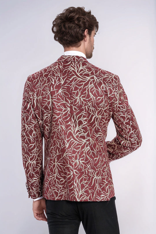 Men’s Crimson Burgundy & Silver Sparkling Ivy Dinner Jacket – Slim Fit with Satin Peak Lapels