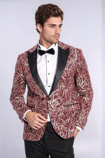 Men’s Crimson Burgundy & Silver Sparkling Ivy Dinner Jacket – Slim Fit with Satin Peak Lapels