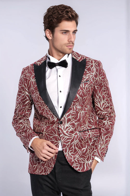 Men’s Crimson Burgundy & Silver Sparkling Ivy Dinner Jacket – Slim Fit with Satin Peak Lapels