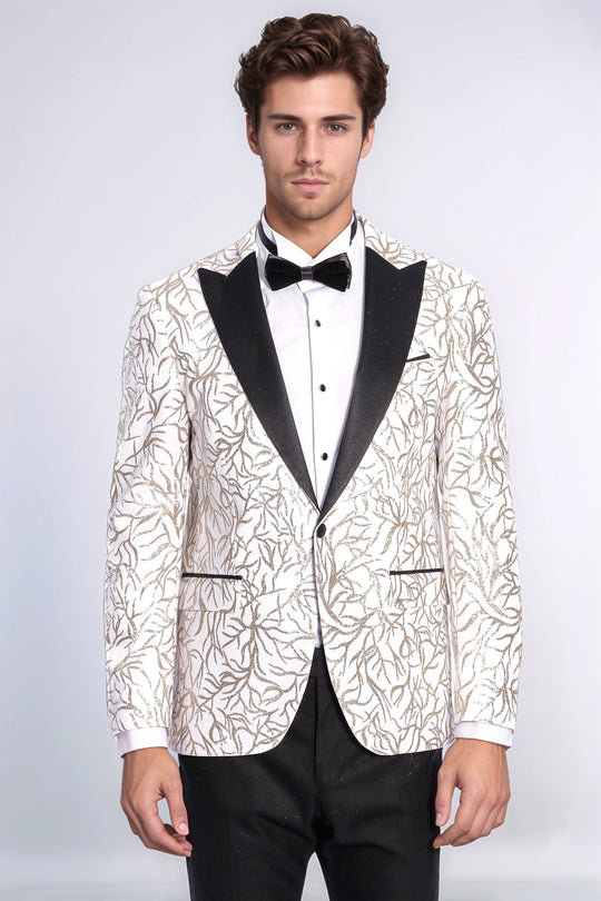 Men’s Arctic White & Silver Sparkling Ivy Patterned Dinner Jacket – Slim Fit with Black Satin Peak Lapels