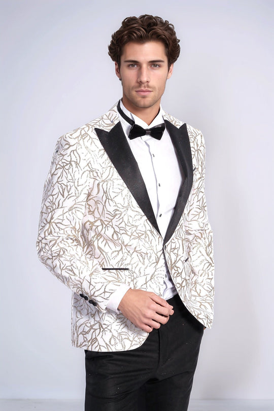 Men’s Arctic White & Silver Sparkling Ivy Patterned Dinner Jacket – Slim Fit with Black Satin Peak Lapels