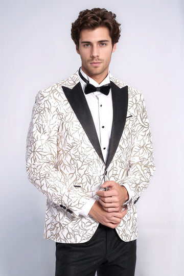 Men’s Arctic White & Silver Sparkling Ivy Patterned Dinner Jacket – Slim Fit with Black Satin Peak Lapels