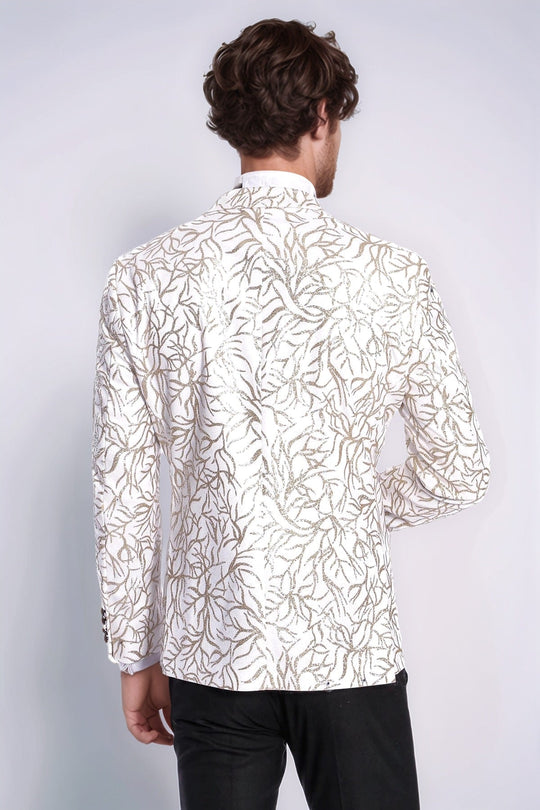 Men’s Arctic White & Silver Sparkling Ivy Patterned Dinner Jacket – Slim Fit with Black Satin Peak Lapels