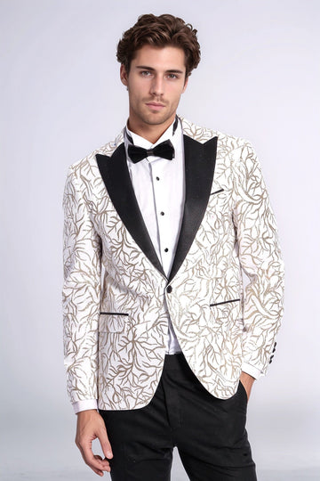 Men’s Arctic White & Silver Sparkling Ivy Patterned Dinner Jacket – Slim Fit with Black Satin Peak Lapels