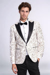 Men’s Arctic White & Silver Sparkling Ivy Patterned Dinner Jacket – Slim Fit with Black Satin Peak Lapels