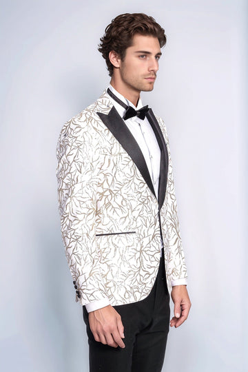 Men’s Arctic White & Silver Sparkling Ivy Patterned Dinner Jacket – Slim Fit with Black Satin Peak Lapels