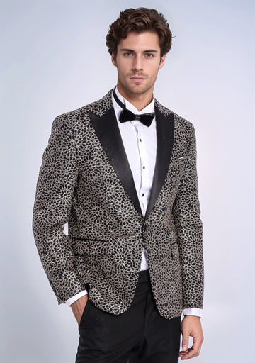 Men’s Obsidian Black & Silver Floral Embroidered Dinner Jacket – Slim Fit with Satin Peak Lapels