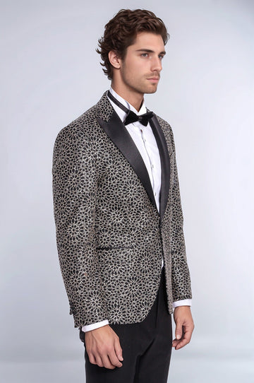 Men’s Obsidian Black & Silver Floral Embroidered Dinner Jacket – Slim Fit with Satin Peak Lapels